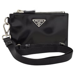 Prada Black Brushed Leather and Nylon Wristlet Pouch