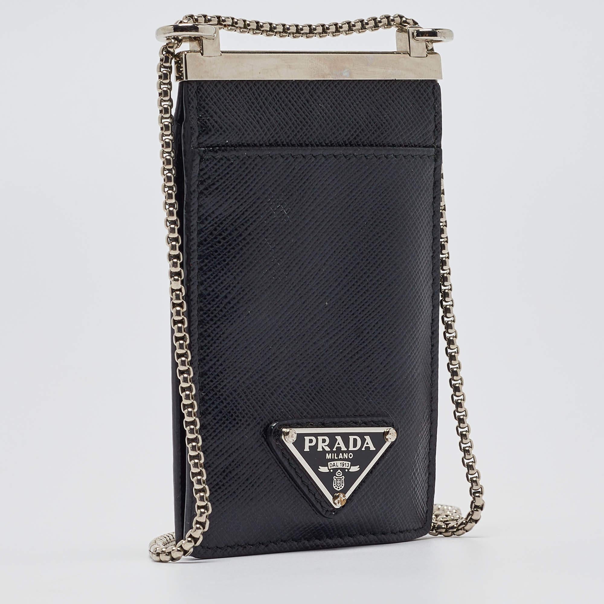 Prada Black Brushed Leather Chain Card Holder In Fair Condition In Dubai, Al Qouz 2