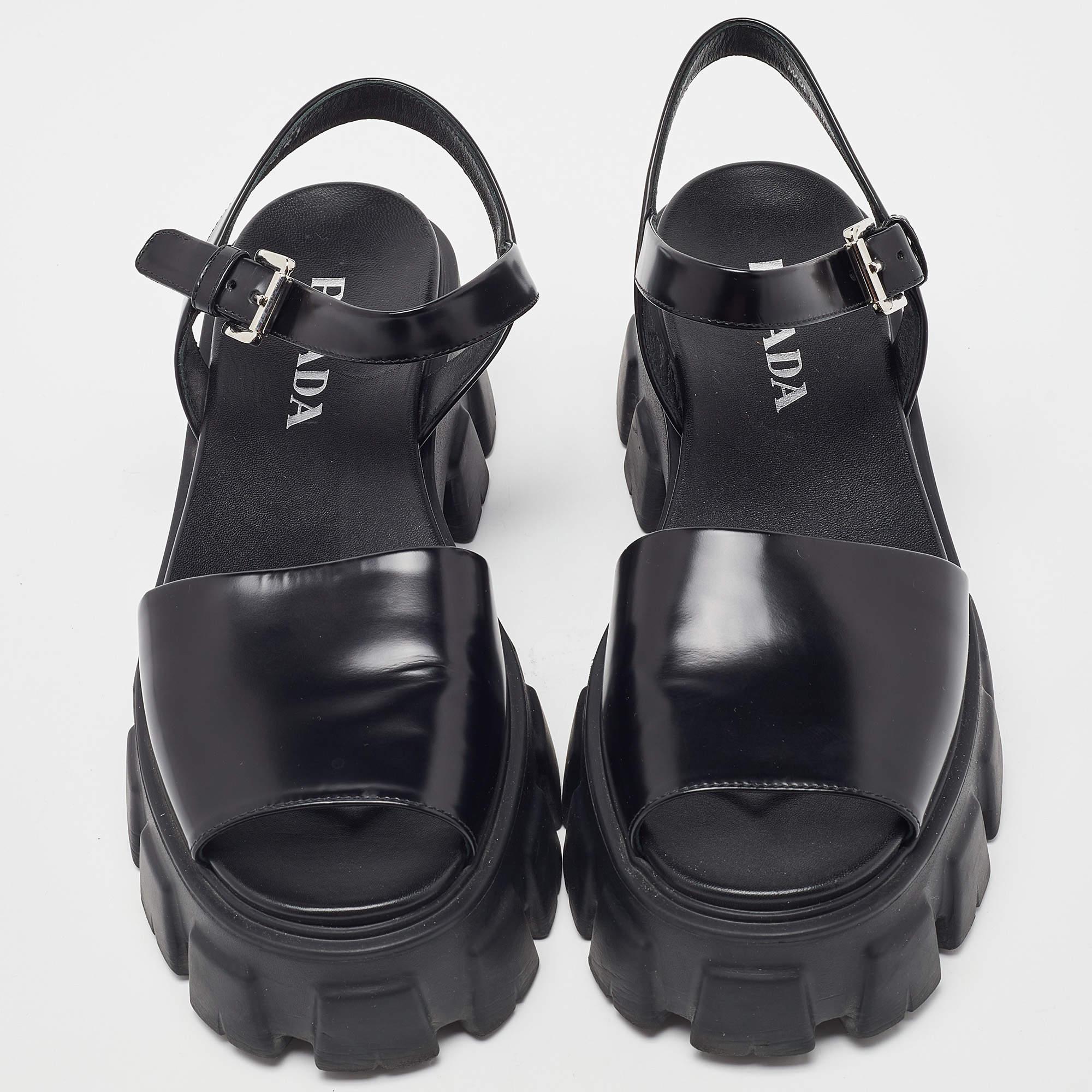 Prada Black Brushed Leather Monolith Platform Sandals Size 41 In Excellent Condition In Dubai, Al Qouz 2