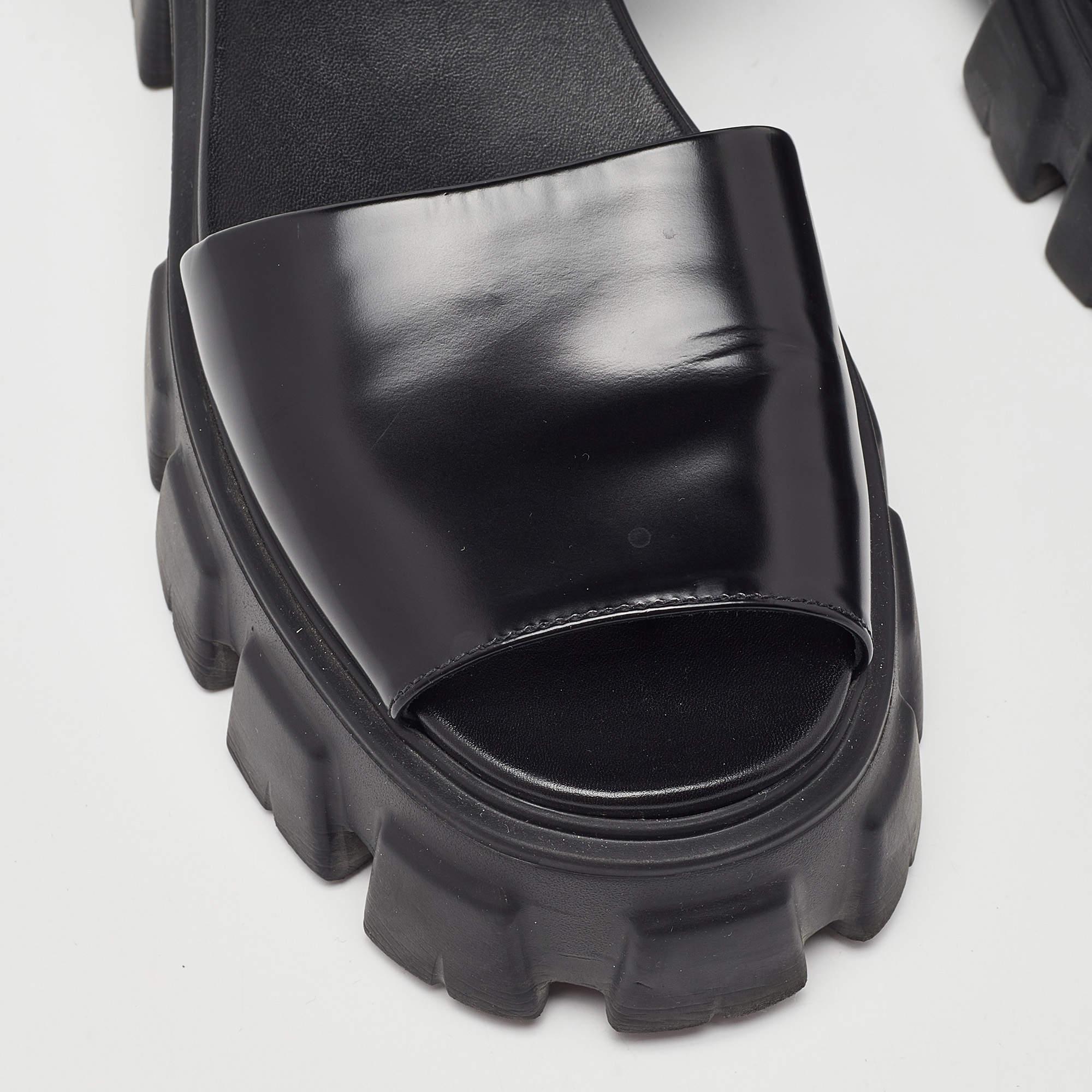 Women's Prada Black Brushed Leather Monolith Platform Sandals Size 41
