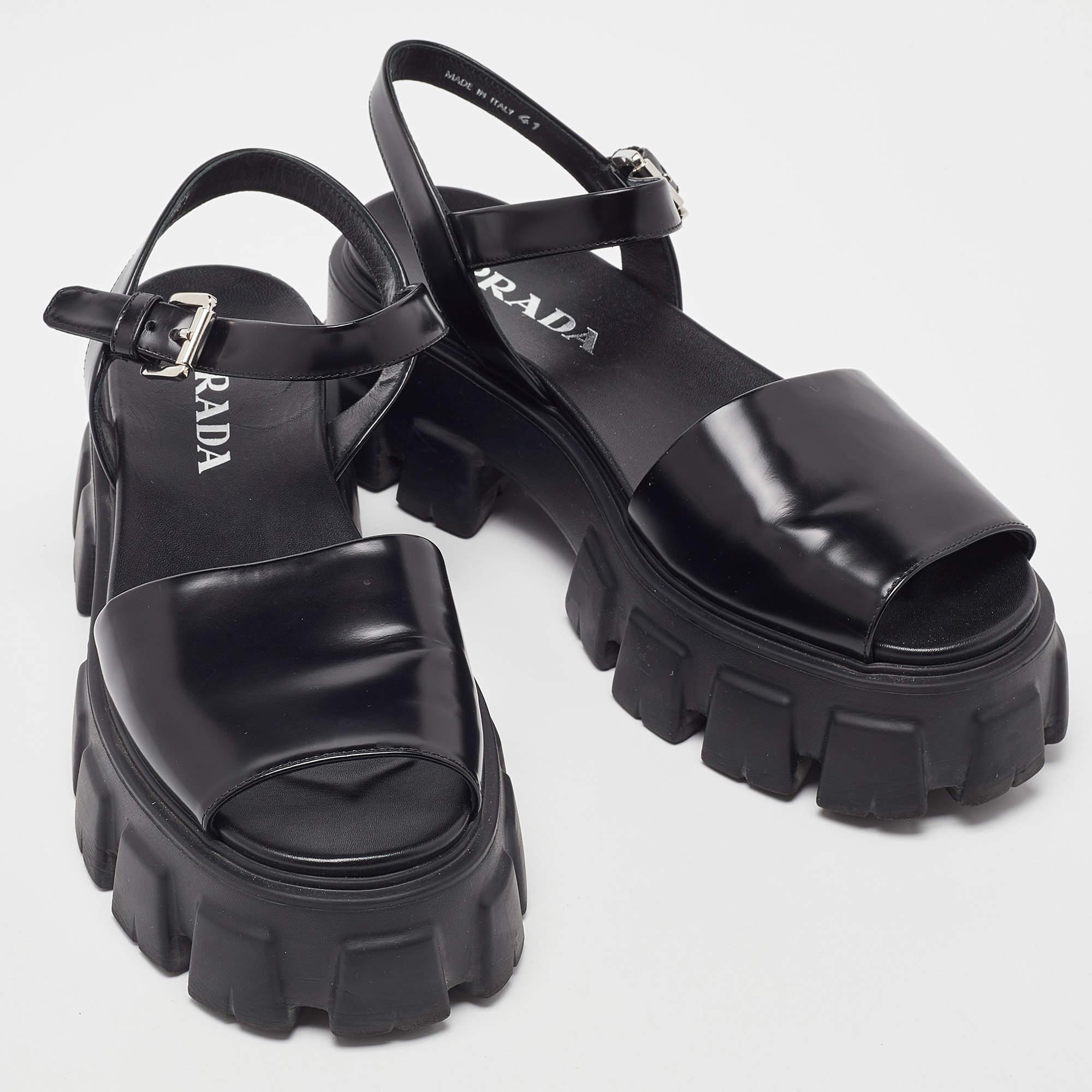 Prada Black Brushed Leather Monolith Platform Sandals Size 41 1