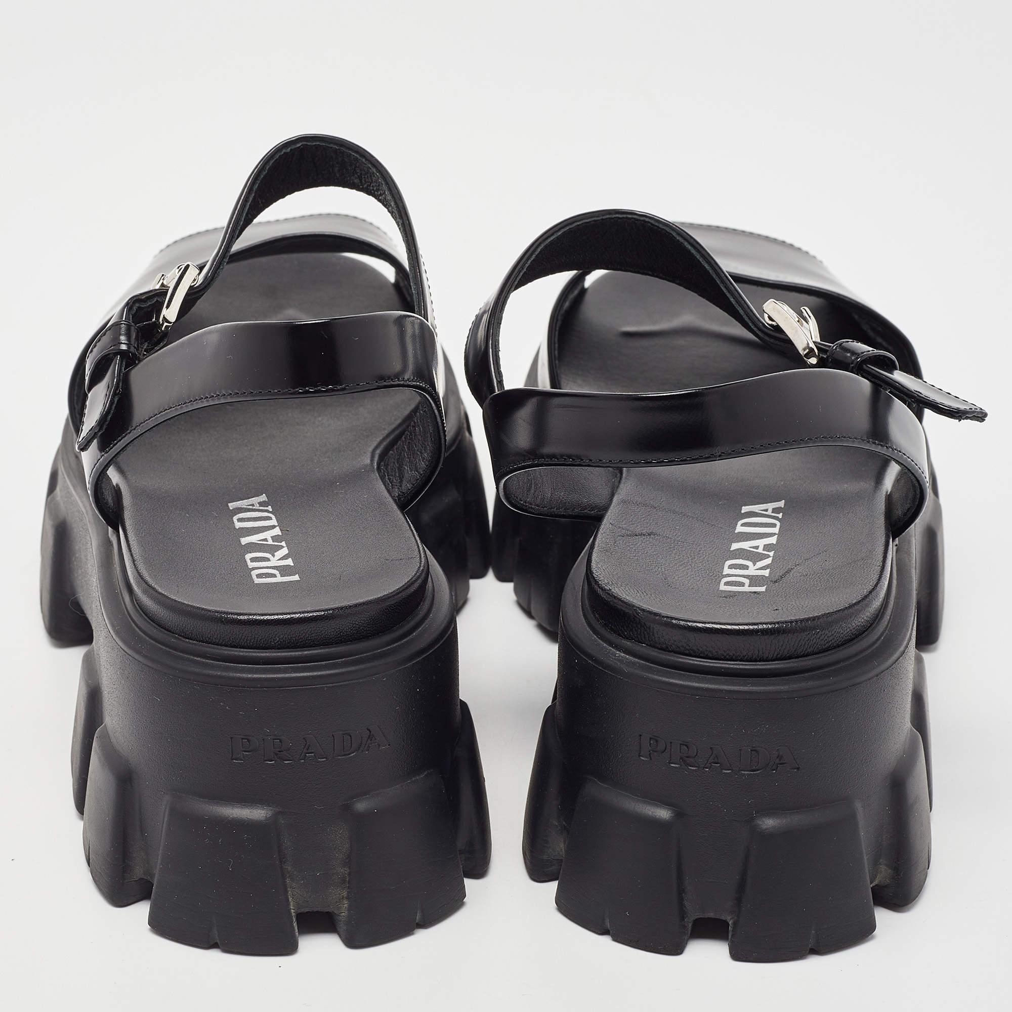 Prada Black Brushed Leather Monolith Platform Sandals Size 41 2