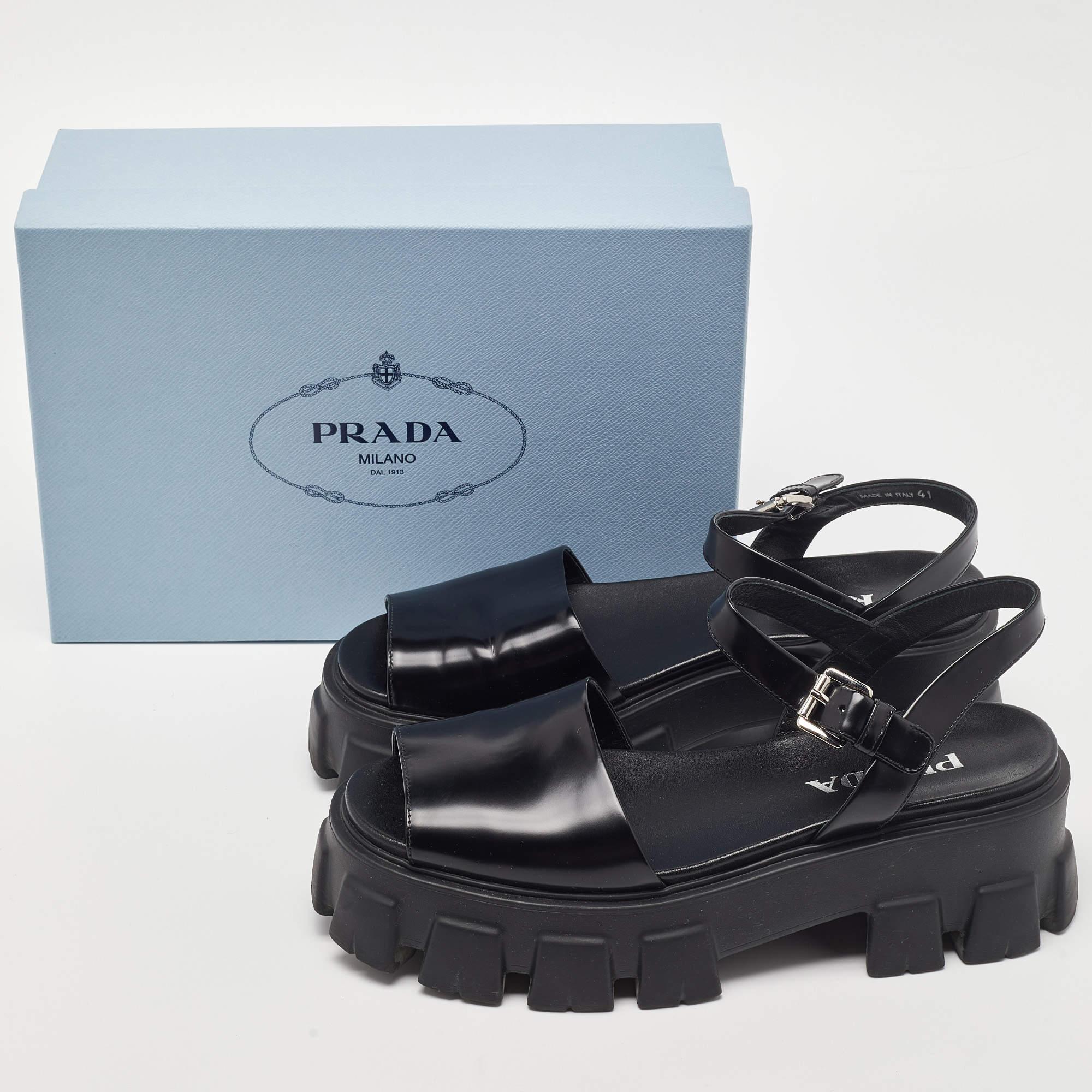 Prada Black Brushed Leather Monolith Platform Sandals Size 41 5