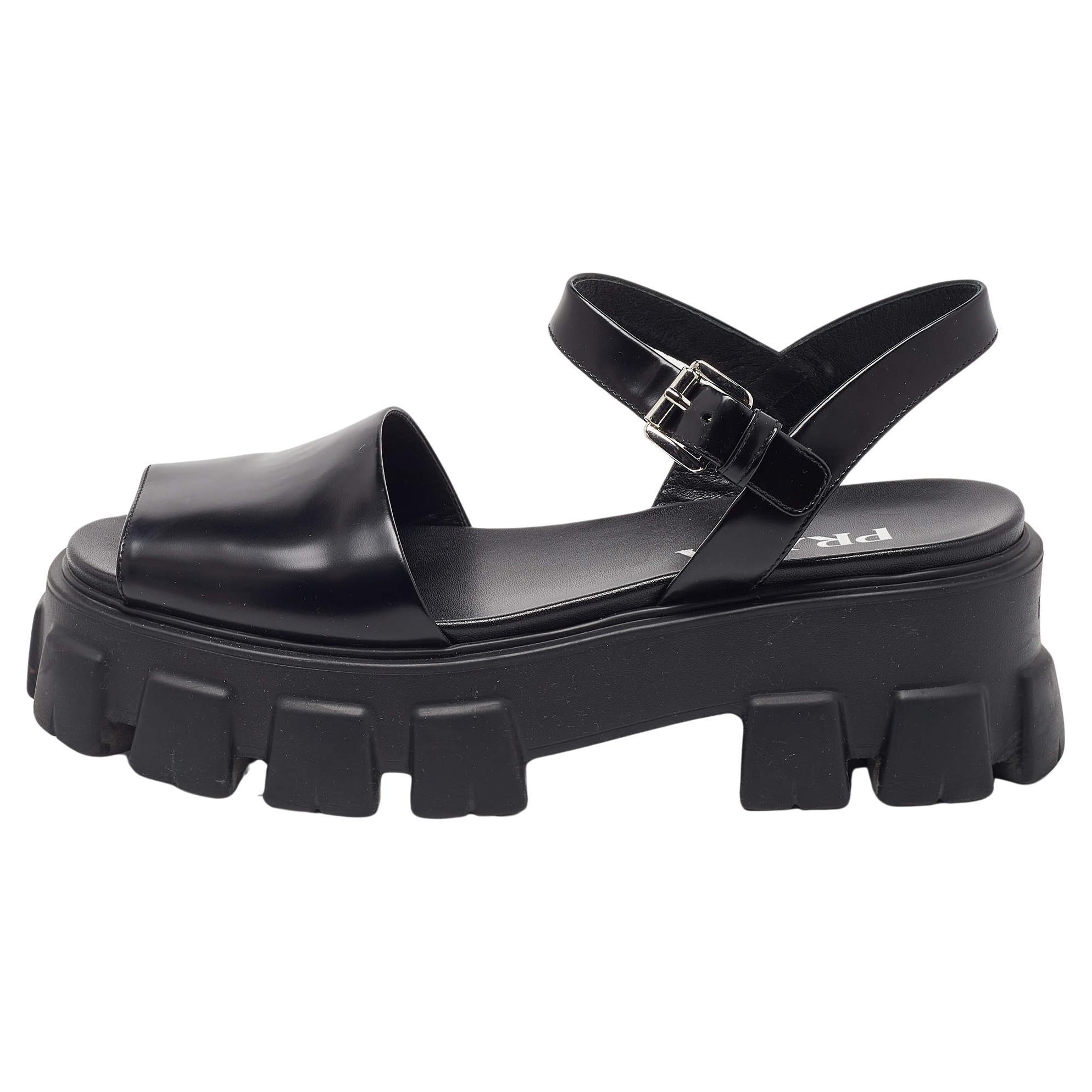 Prada Black Brushed Leather Monolith Platform Sandals Size 41