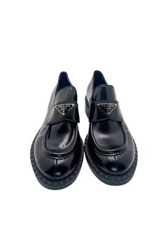 Prada Black Brushed Leather Triangle Logo Loafers Size 38