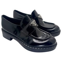 Prada Black Brushed Leather Triangle Logo Loafers Size 38