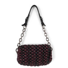 PRADA black & burgundy leather 2010 KNITTED FLAP Shoulder Bag