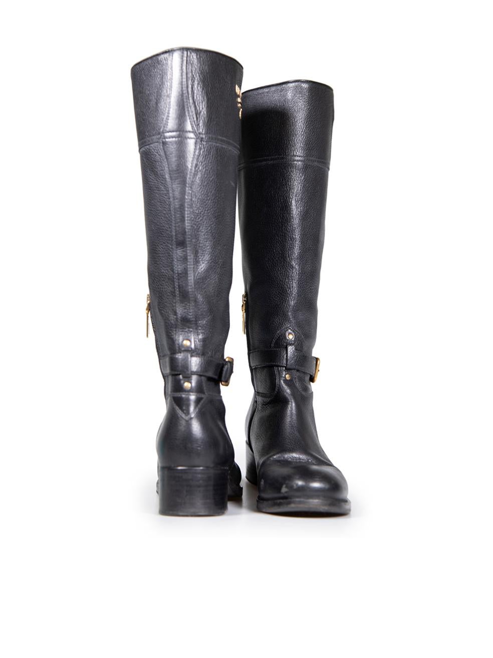 Prada Black Calf Leather Logo Knee High Boots Size IT 39 In Good Condition For Sale In London, GB