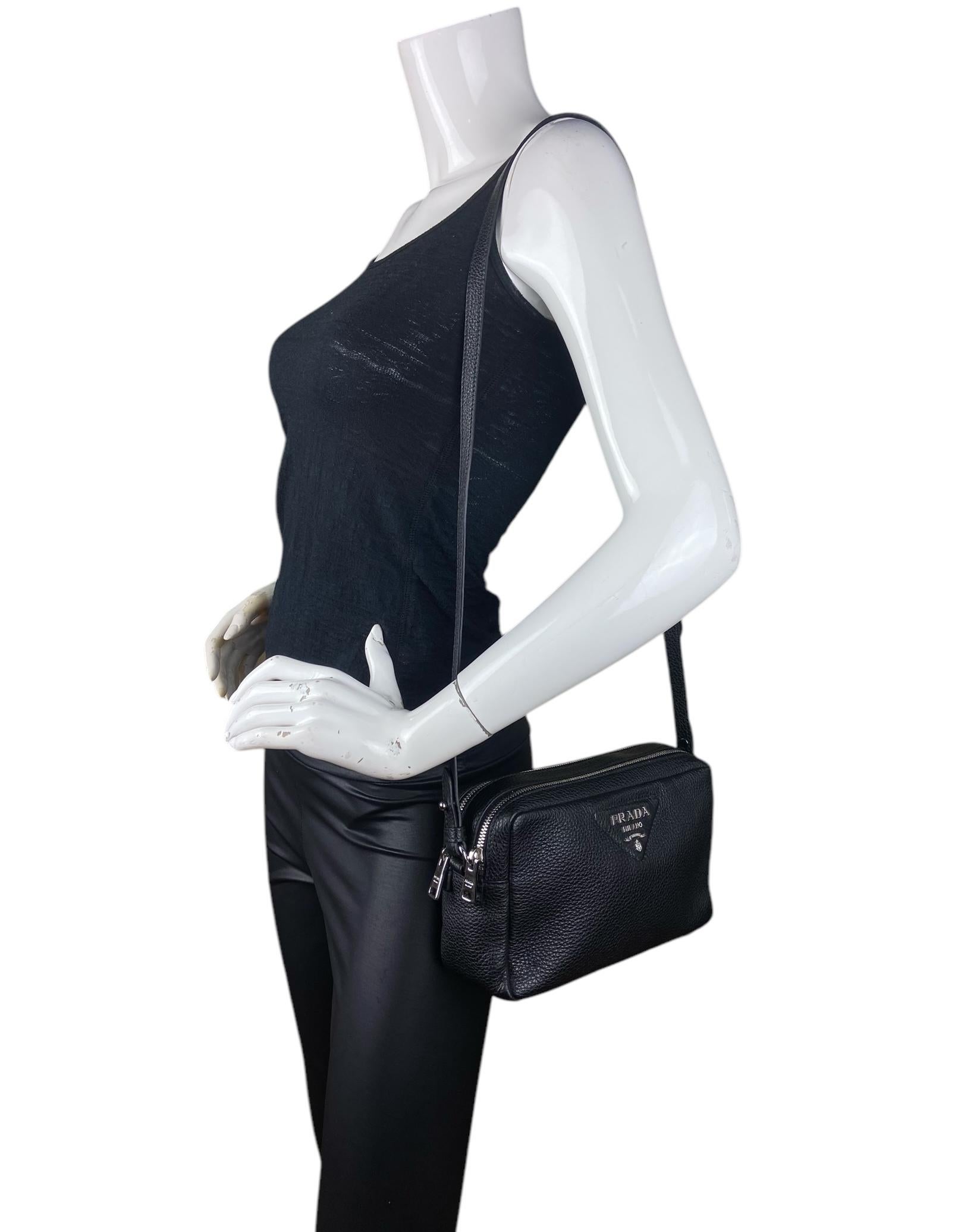 Nero Prada Black Calfskin Leather Flou Camera Crossbody Bag w/ 2 Straps in vendita