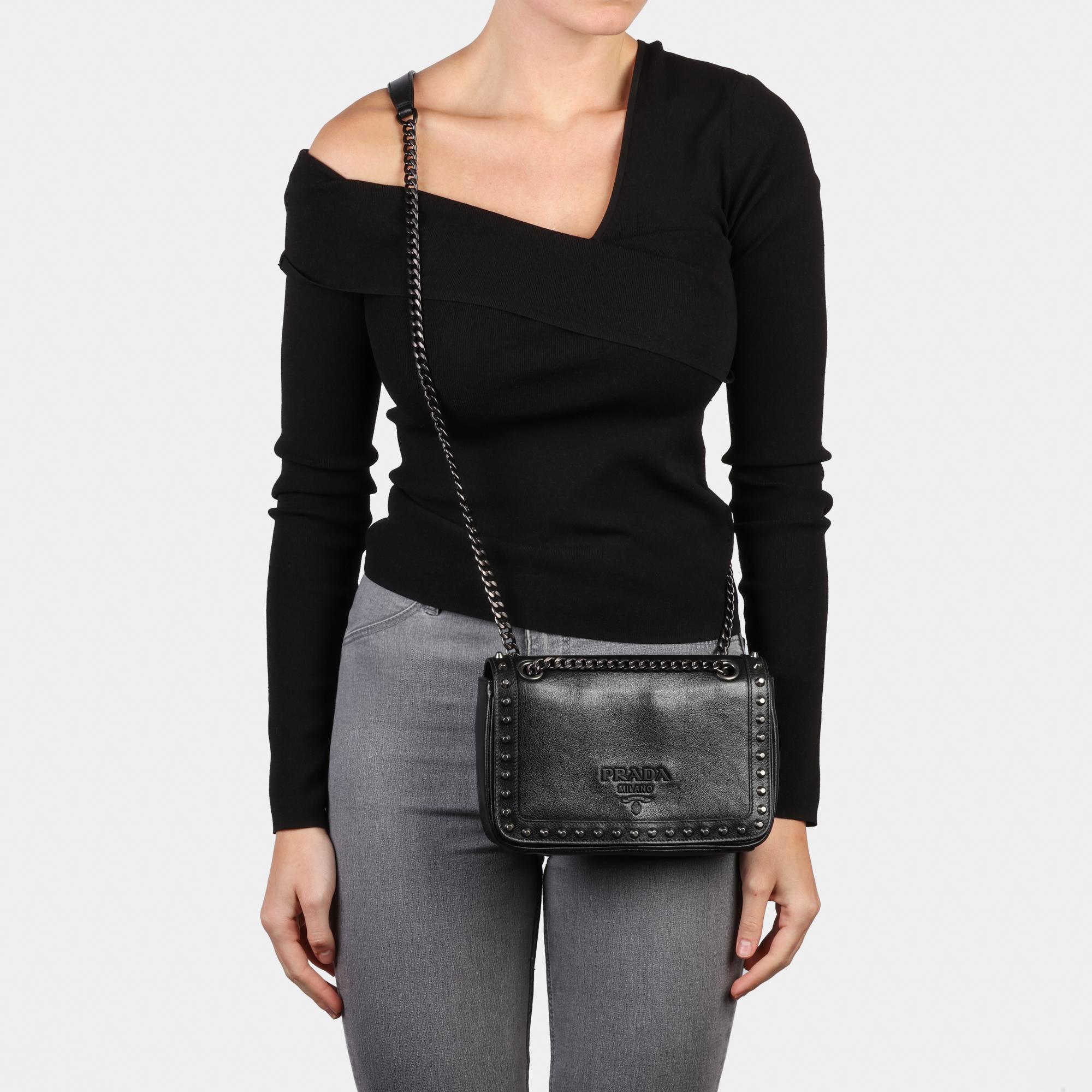 PRADA Black Calfskin Leather Studded Crossbody Bag 8