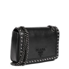 PRADA Black Calfskin Leather Studded Crossbody Bag