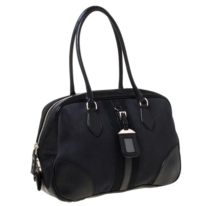 Women's Prada Black Canvas and Leather Trim Bowler Bag