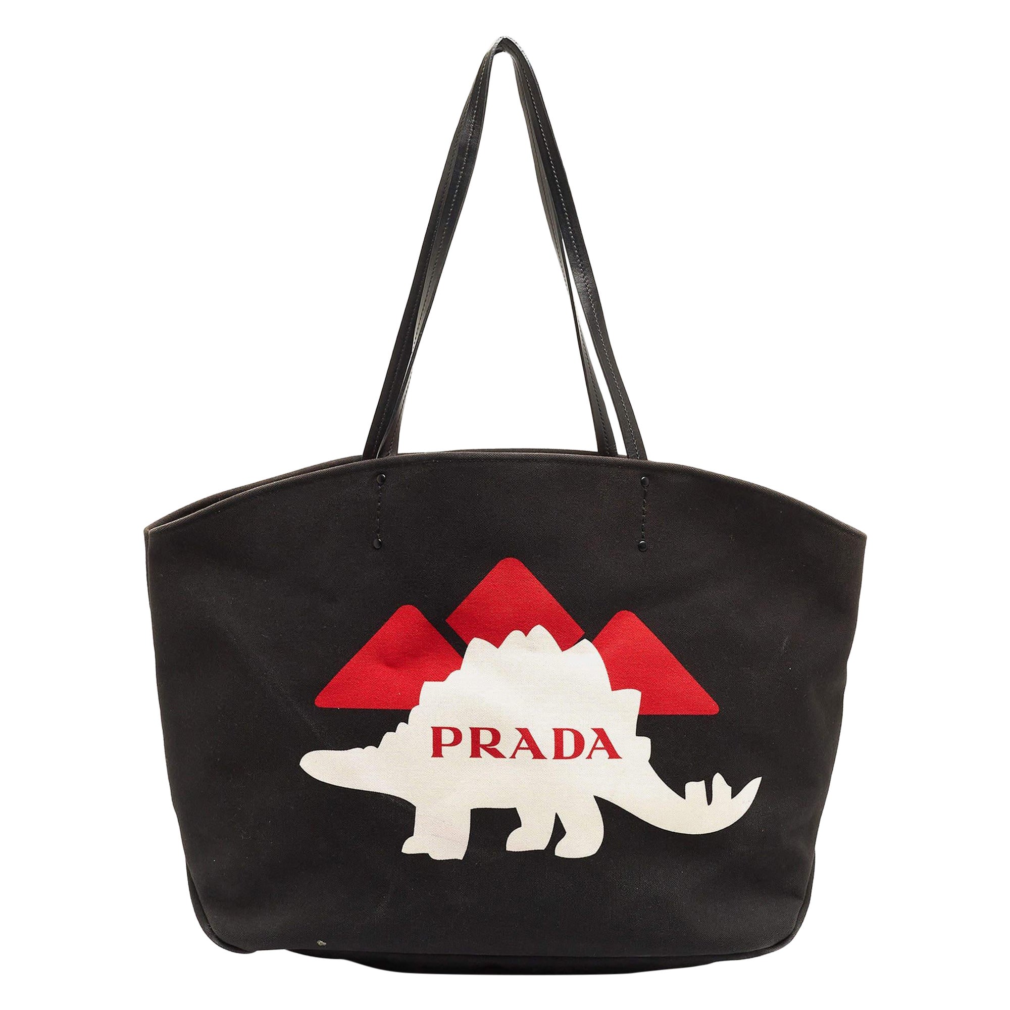 Prada Black Canvas Canapa Dinosaur Tote