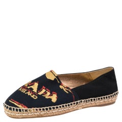 Prada Black Canvas Logo Embroidered Espadrille Flats Size 37.5