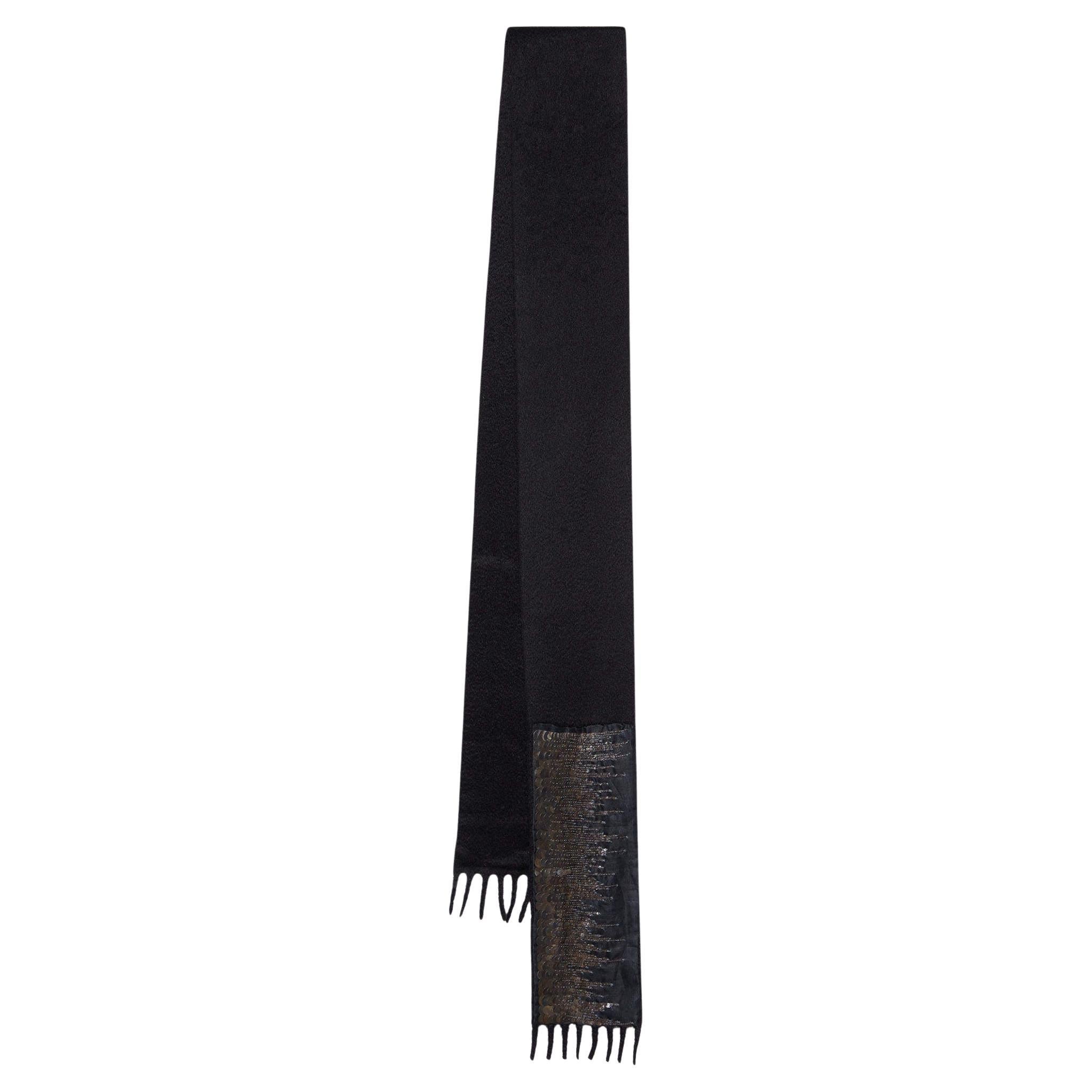 Prada Black Cashmere Embellished Fringed Stole For Sale