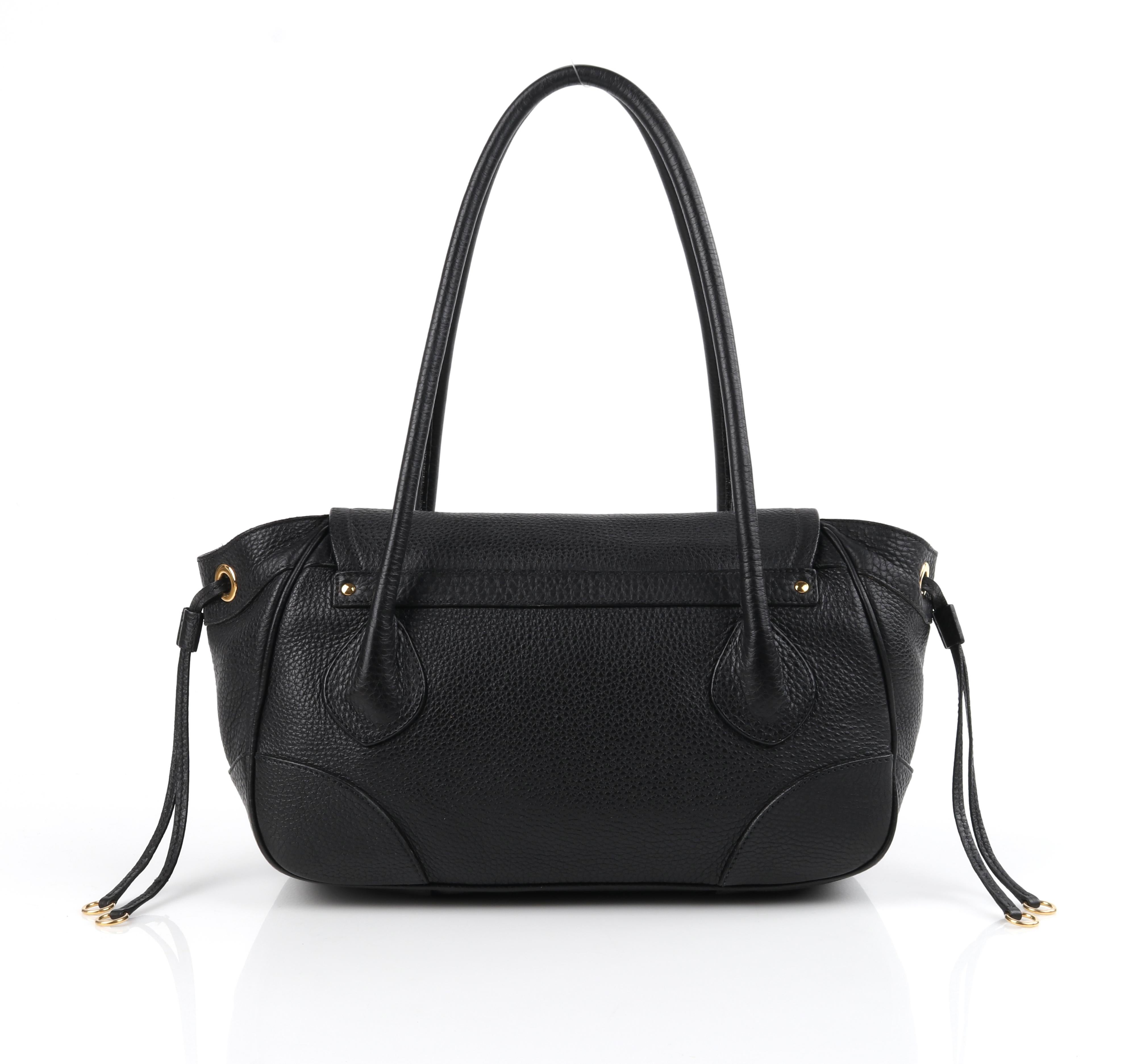 PRADA Black Cervo Leather Dual Drawstring Sound Lock Satchel Handbag 
 
Estimated Retail: $950.00
 
Brand / Manufacturer: Prada
Designer: Miuccia Prada
Style: Satchel / handbag
Color(s): Black (exterior, interior); gold (hardware)
Lined: