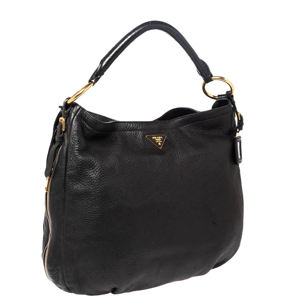 Women's Prada Black Cervo Leather Zip Around Hobo