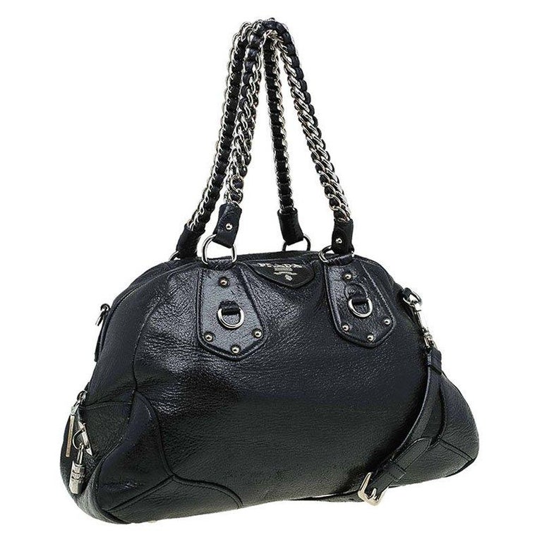 Prada Black Cervo Lux Leather Chain Bowling Bag For Sale at 1stDibs