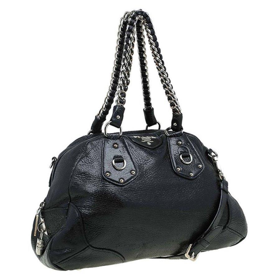 Women's Prada Black Cervo Lux Leather Chain Bowling Bag