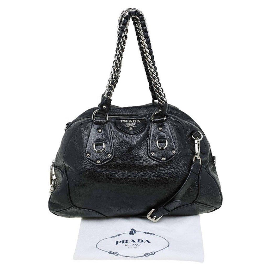 Prada Black Cervo Lux Leather Chain Bowling Bag 5