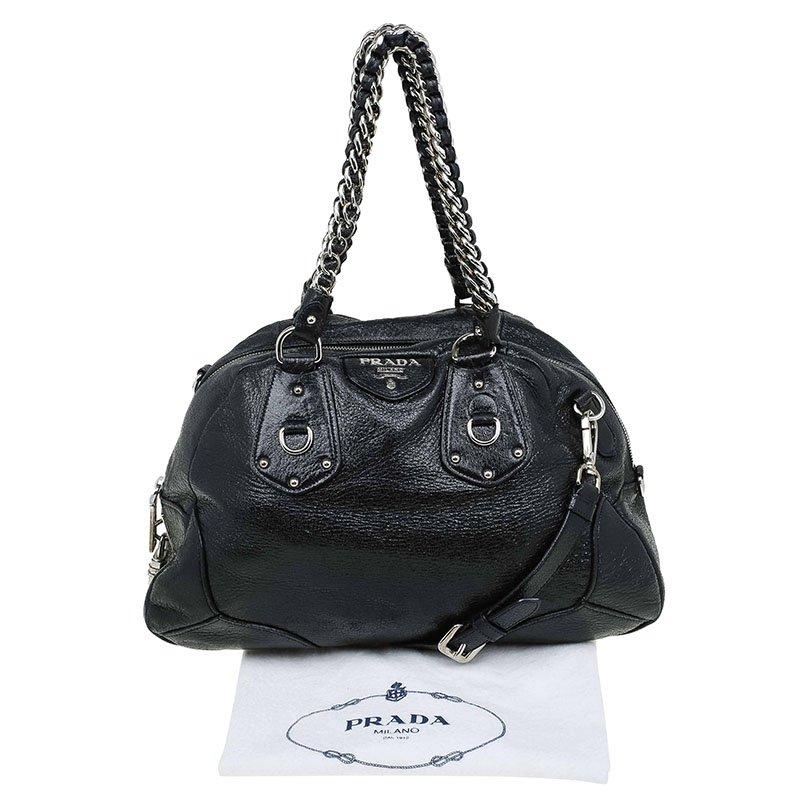 Prada Black Cervo Lux Leather Chain Bowling Bag 2