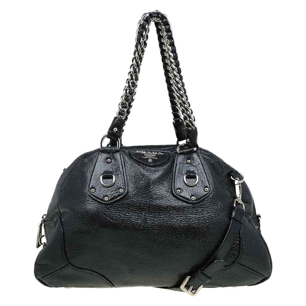 Prada Black Cervo Lux Leather Chain Bowling Bag