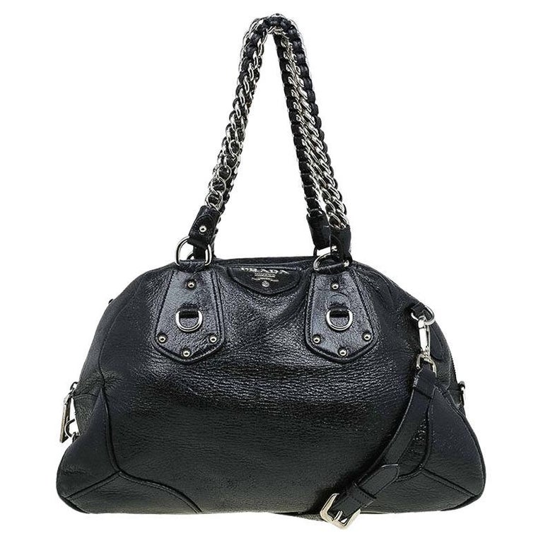 Prada Black Cervo Lux Leather Chain Bowling Bag at 1stDibs