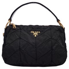 Used Prada Black Chevron Quilted Tessuto Nylon Hobo Bag