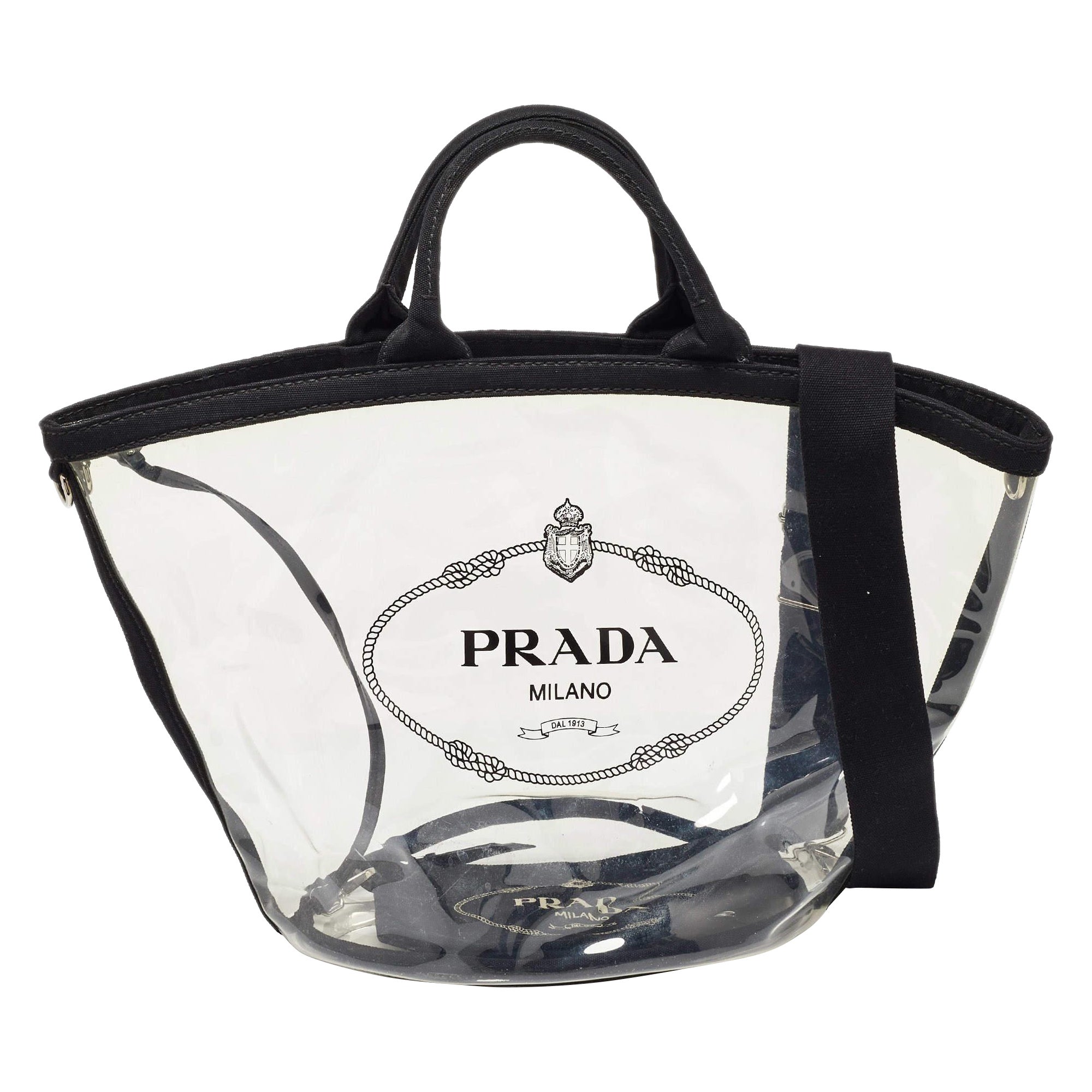 Prada Black/Clear PVC and Canvas Logo Beach Tote
