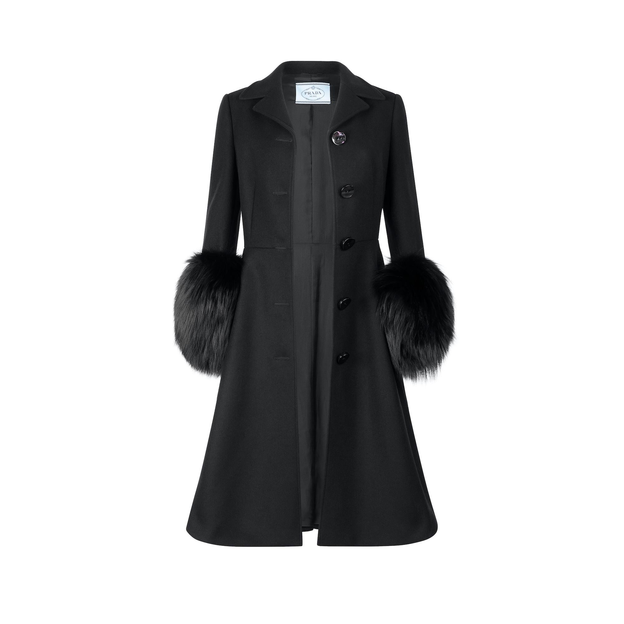 Prada Black Coat with Cuffs In Excellent Condition For Sale In London, GB