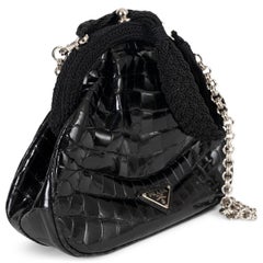 PRADA black CORD TRIM CROCODILE FRAME Evening Bag