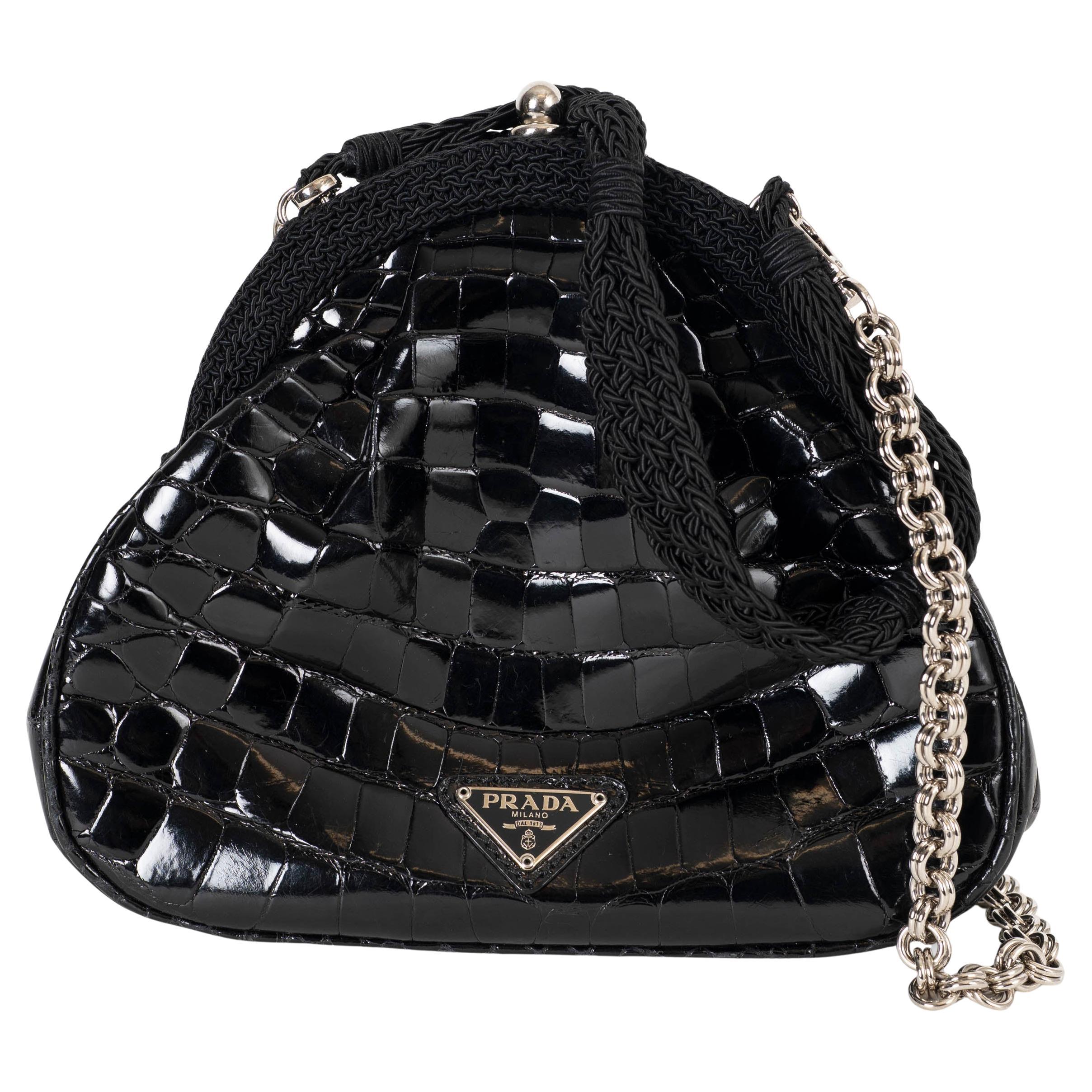 PRADA borsa da sera nera Corde TRIM CROCODILE FRAME