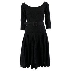 PRADA black cotton BRODERIE ANGLAISE BELTED Dress 38