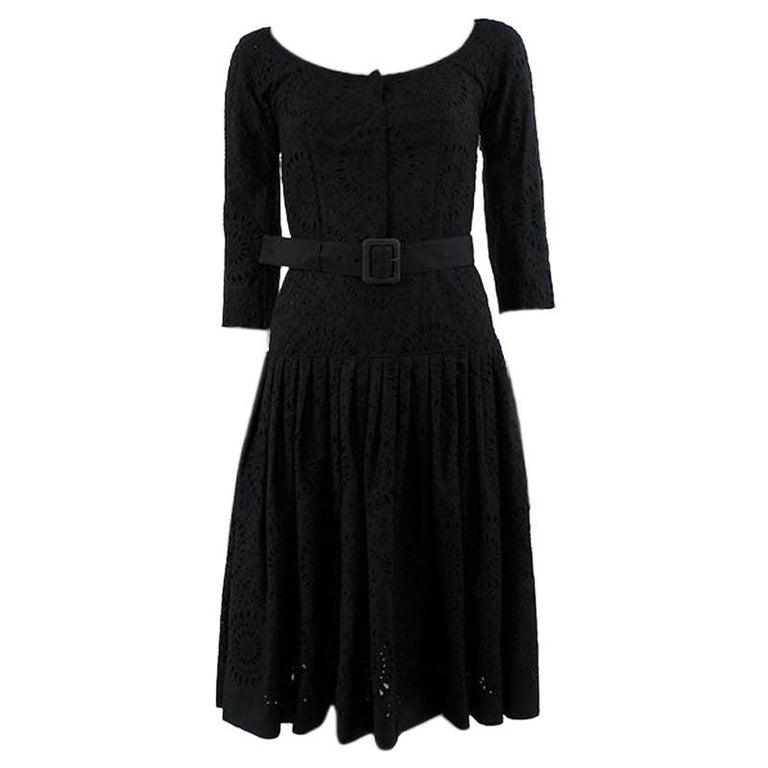 PRADA black cotton BRODERIE ANGLAISE BELTED Dress 38 For Sale at 1stDibs