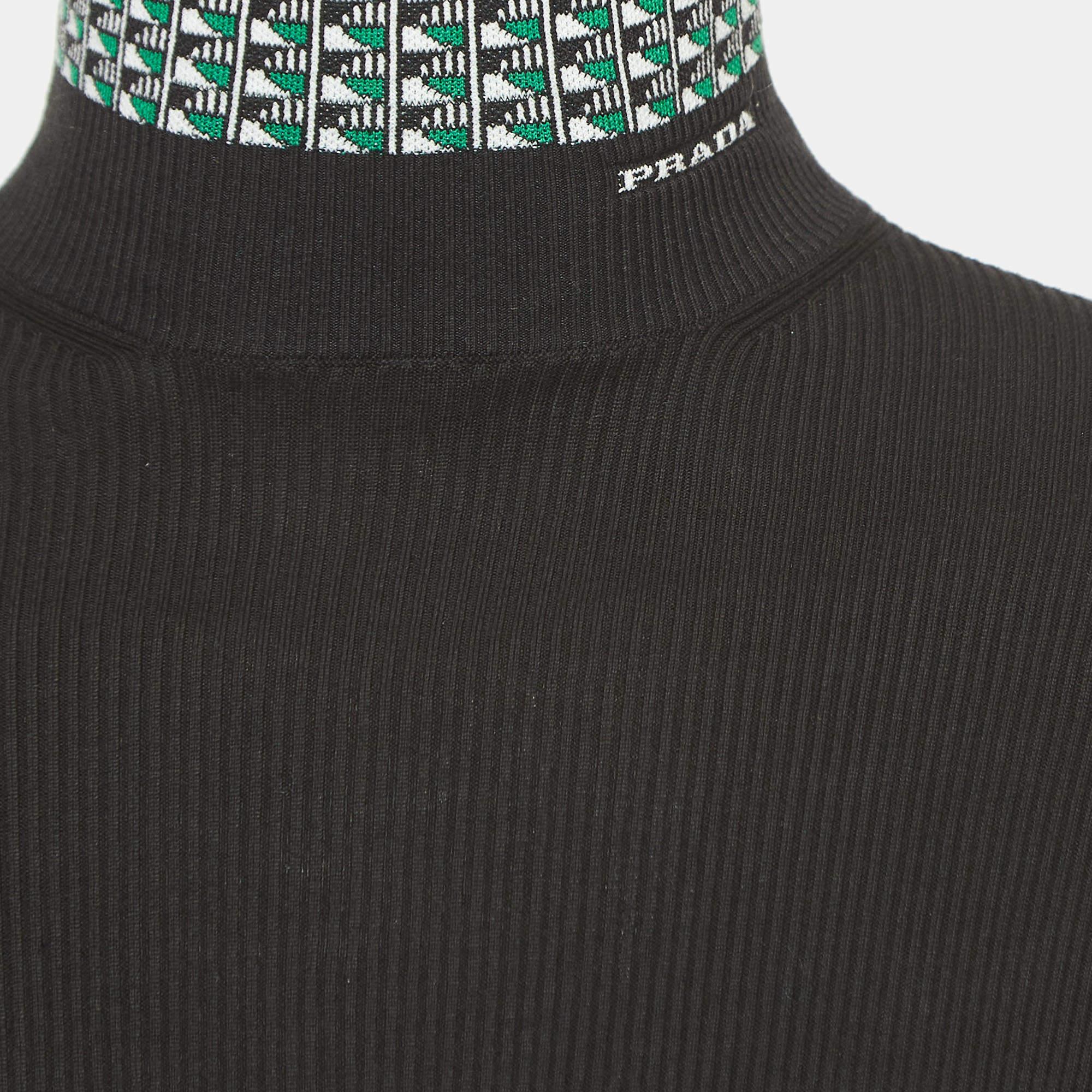 Prada Black Cotton Knit Jacquard Turtleneck Sweater L For Sale 2