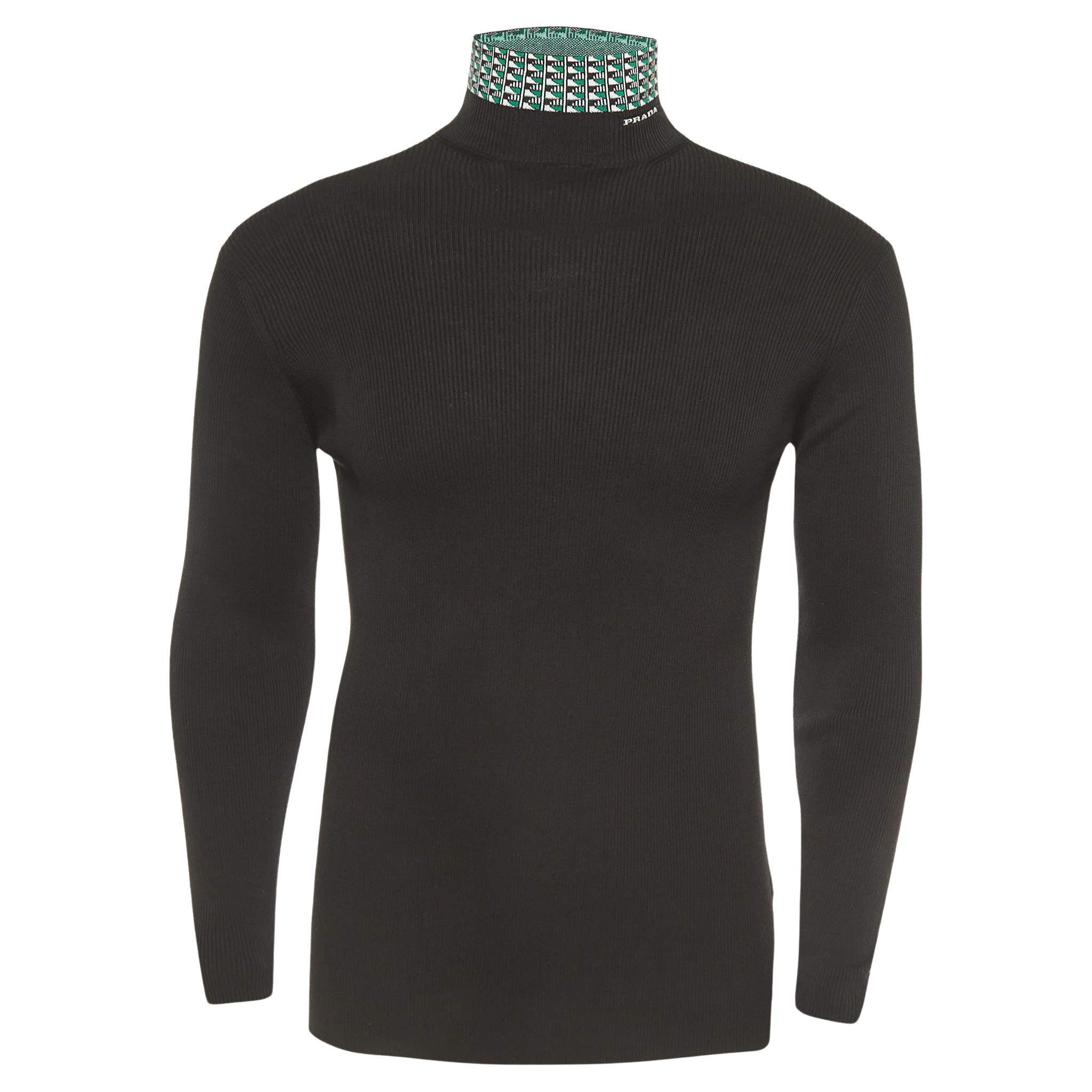 Prada Black Cotton Knit Jacquard Turtleneck Sweater L For Sale