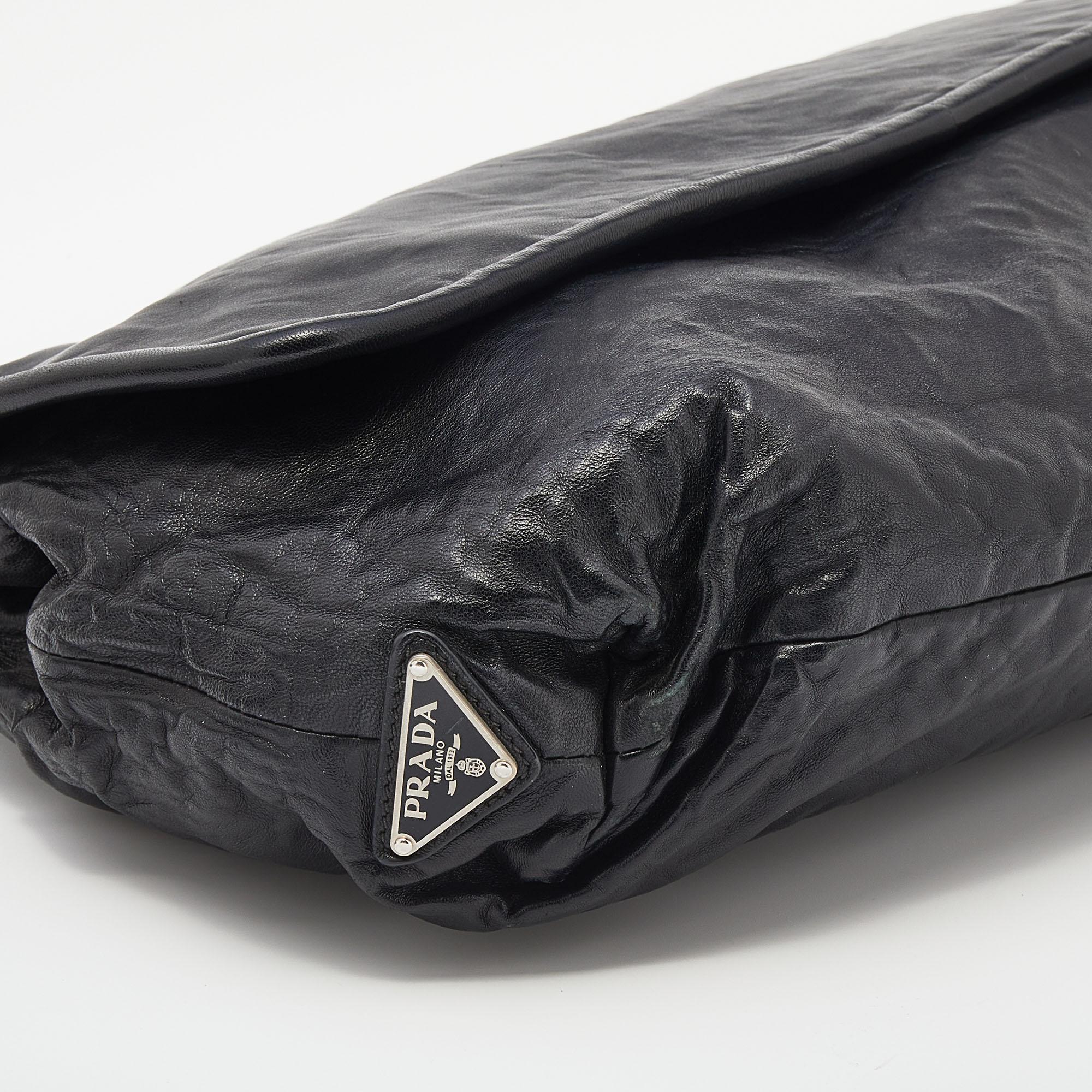 Prada Black Crackled Leather Oversized Flap Clutch 1