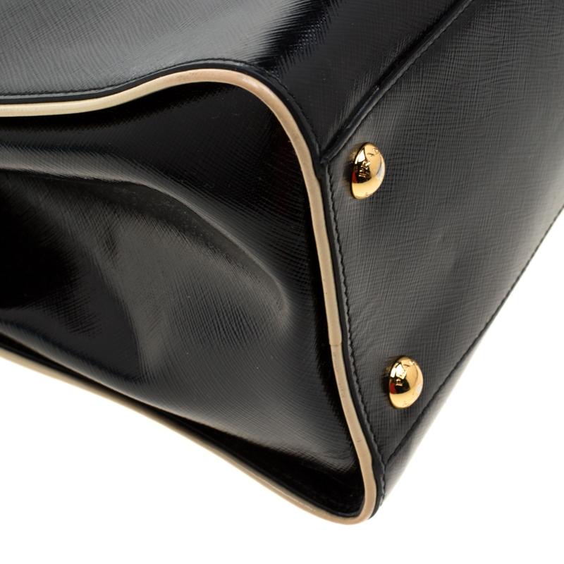 Prada Black/Cream Patent Leather Pyramid Frame Top Handle Bag 6