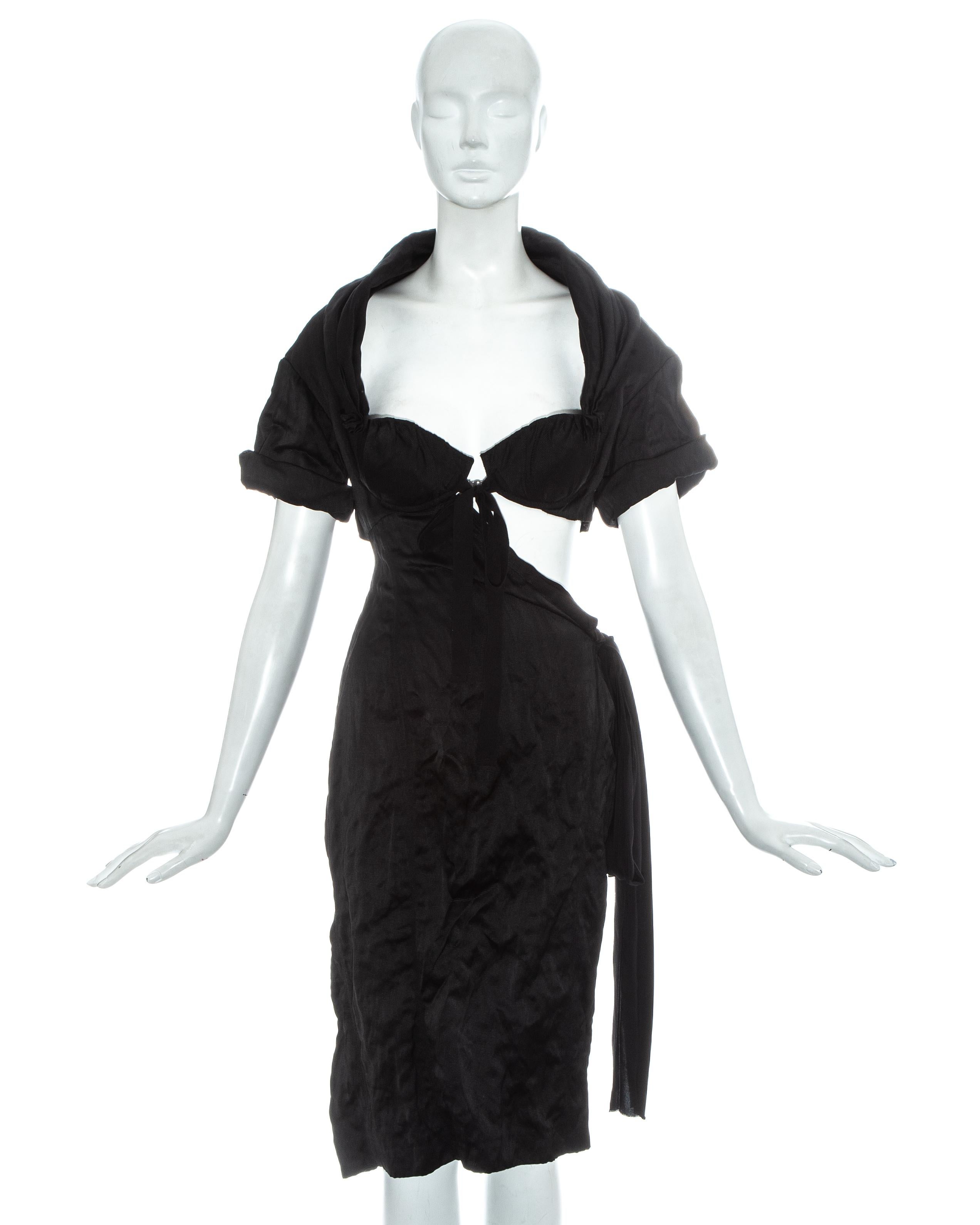 Prada black crinkled evening dress with cut out on hip, drawstring waistband, ribbon fastenings and built in bra.

Spring-Summer 2009