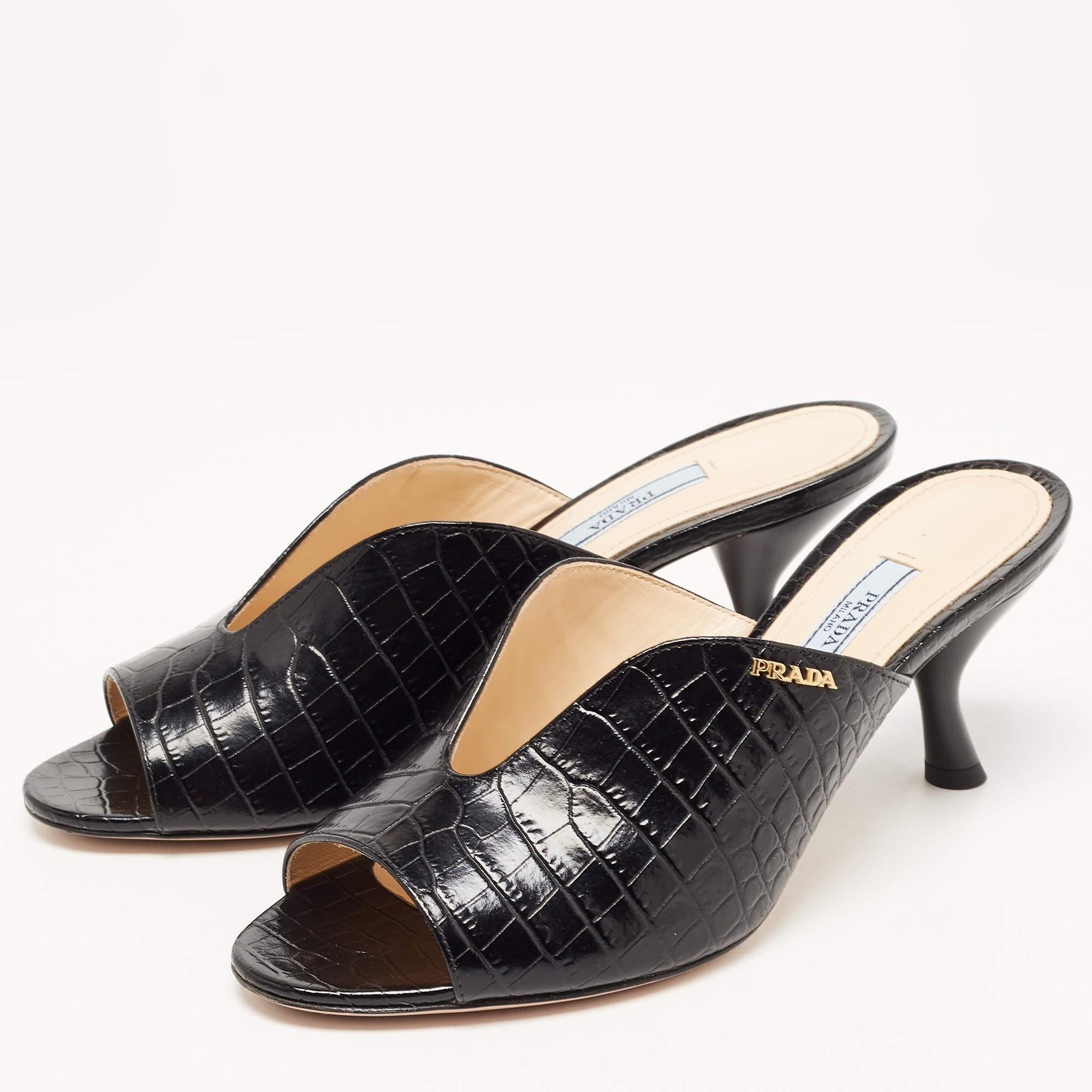 Women's Prada Black Croc Embossed Leather Mules Size 39
