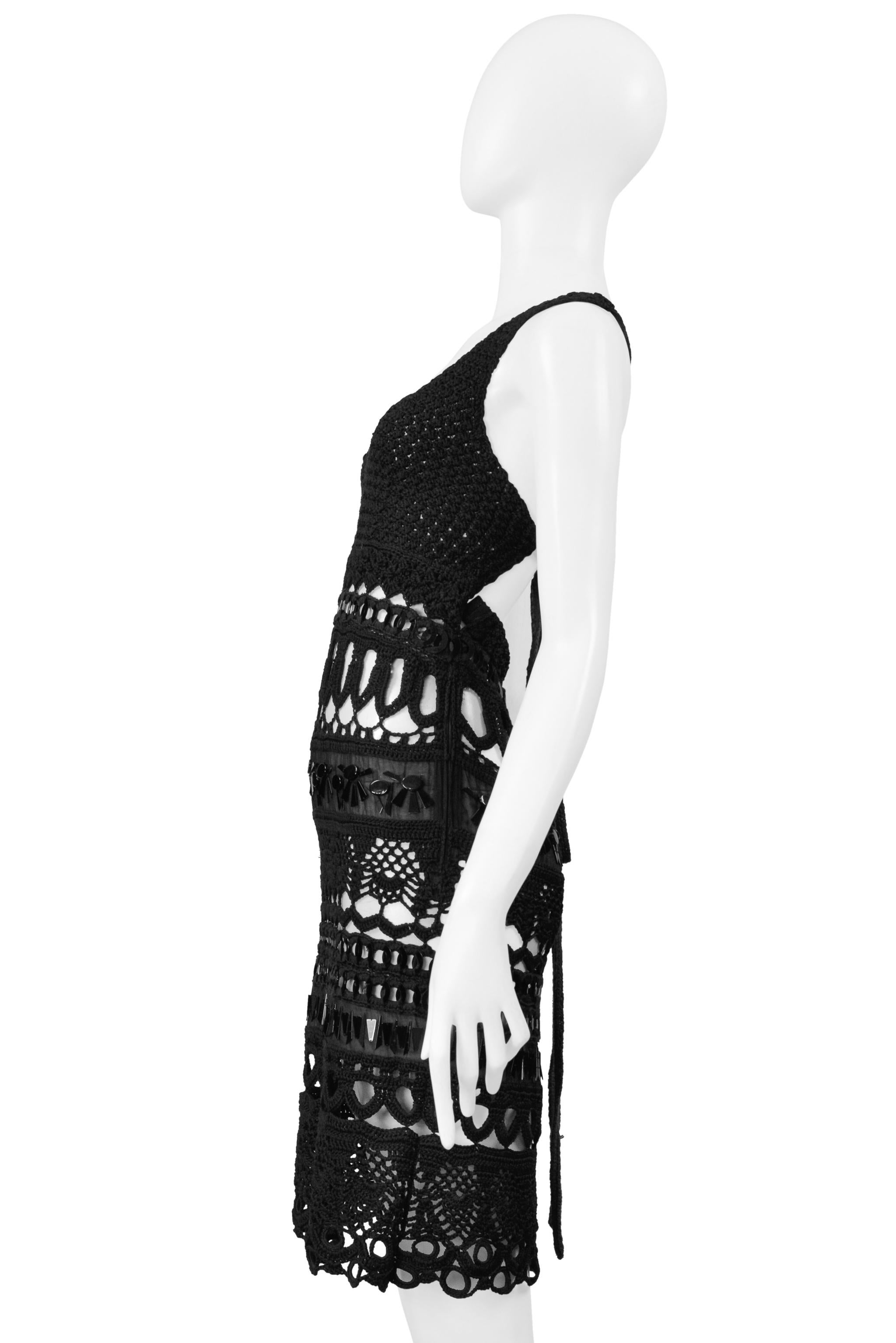 Prada Black Crochet Knit Dress With Geometric Paillettes 2005 In Excellent Condition In Los Angeles, CA