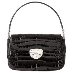 Prada Black Crocodile Exotic Skin Silver Evening Small Top Handle Satchel Bag