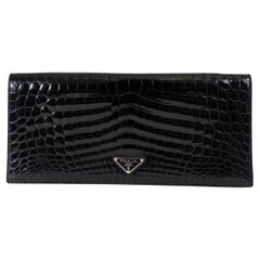 PRADA black CROCODILE LONG FLAP Clutch Bag