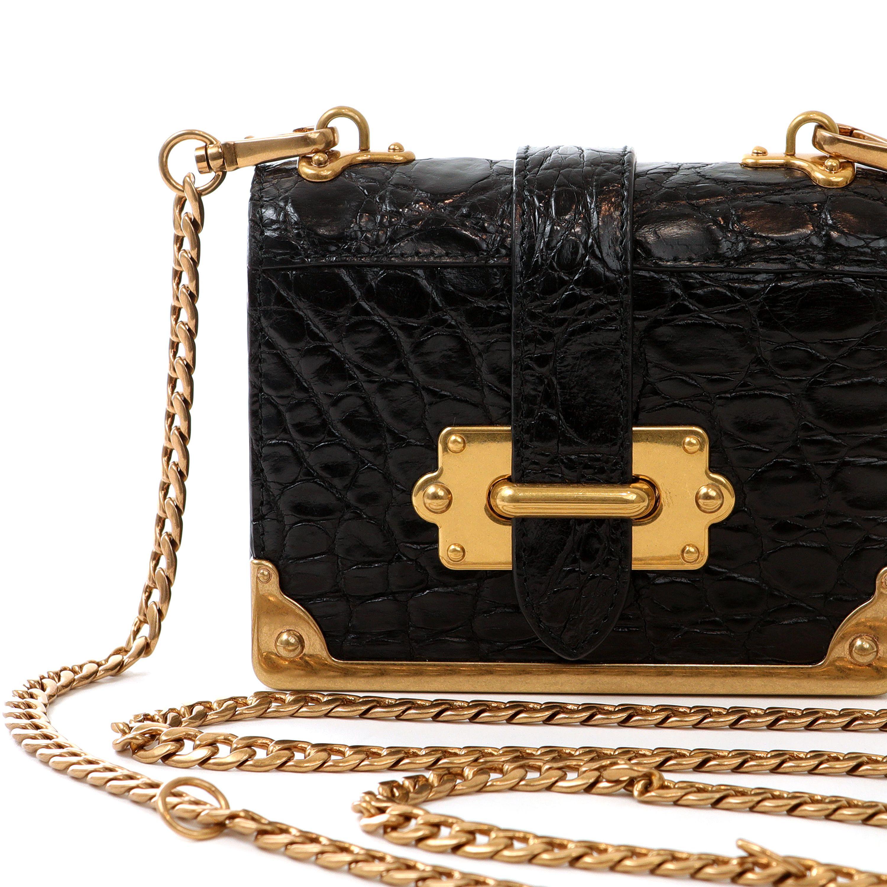 Prada Black Crocodile Micro Cahier Bag with Gold hardware In Excellent Condition For Sale In Palm Beach, FL