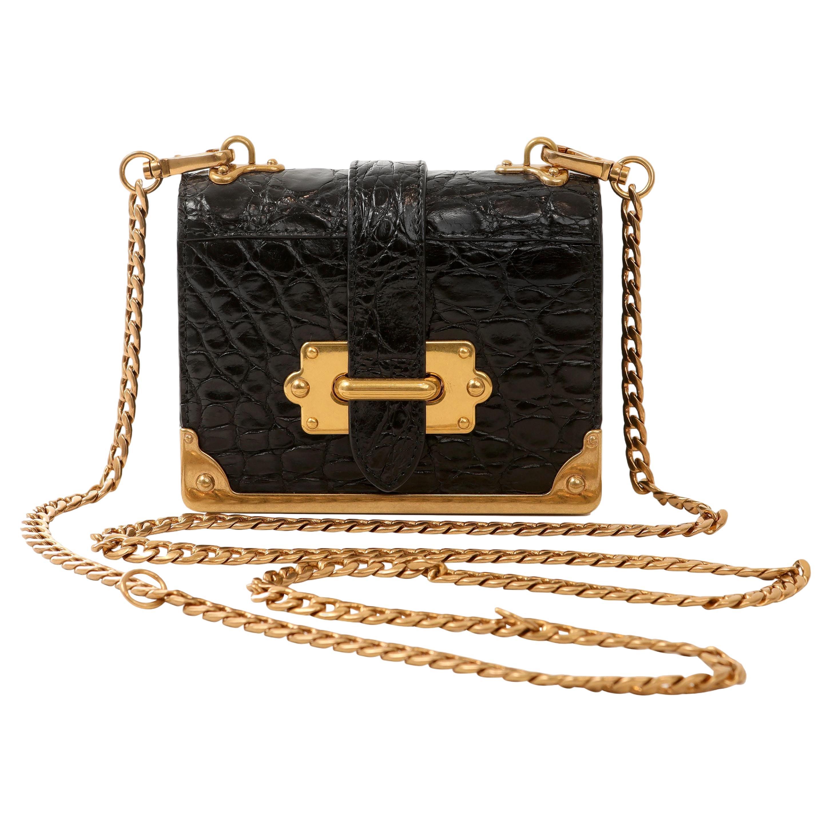 Prada Black Crocodile Micro Cahier Bag with Gold hardware For Sale