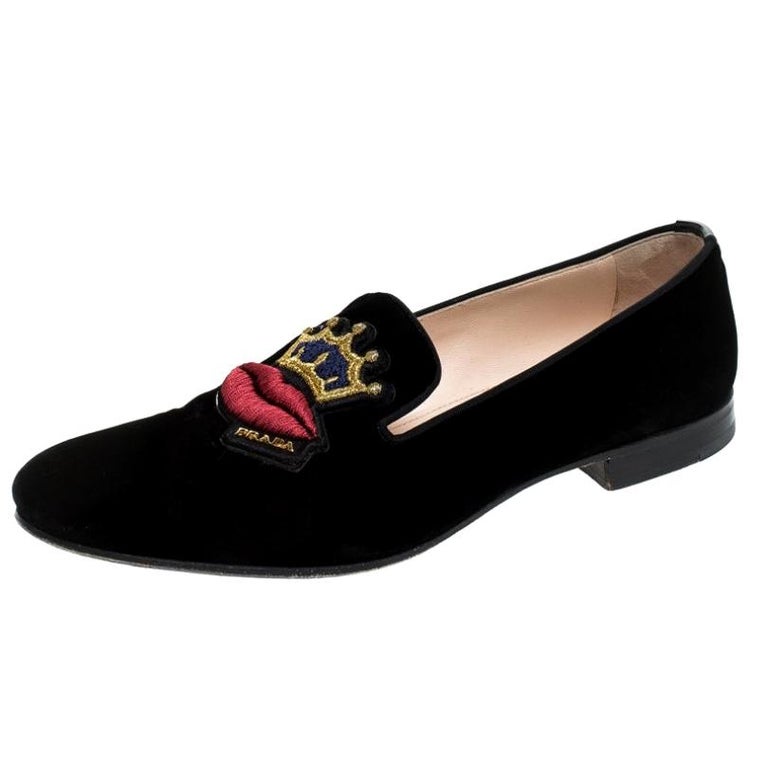 Prada Black Crown Lip Embroidered Velvet Loafers Size 38.5 For Sale at ...