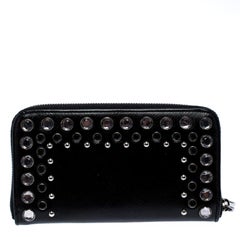 Prada Black Crystal Embellished Leather Zip Around Wallet
