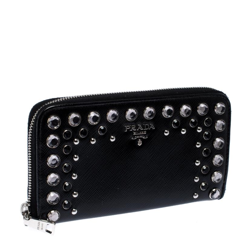 Prada Black Crystal Embellished Leather Zip Around Wallet 1
