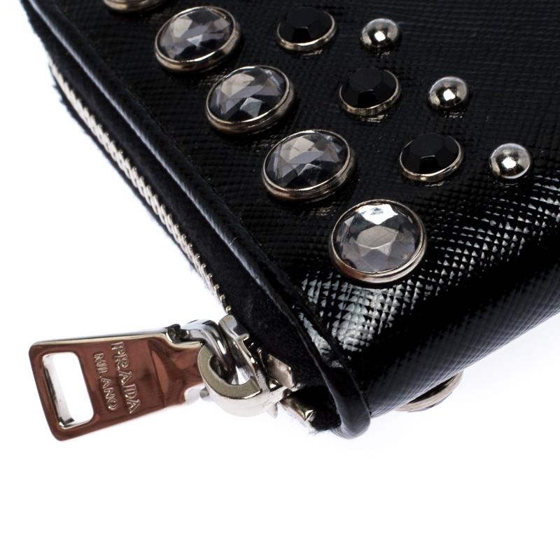 Prada Black Crystal Embellished Leather Zip Around Wallet 2
