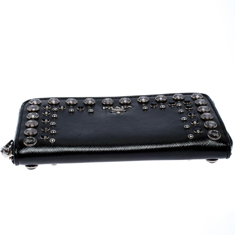 Prada Black Crystal Embellished Leather Zip Around Wallet 4